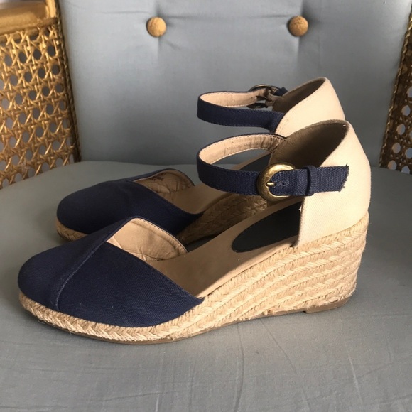 Comfort view blue and cream denim ankle strap closed toe wedge espadrilles/shoes - Picture 1 of 14